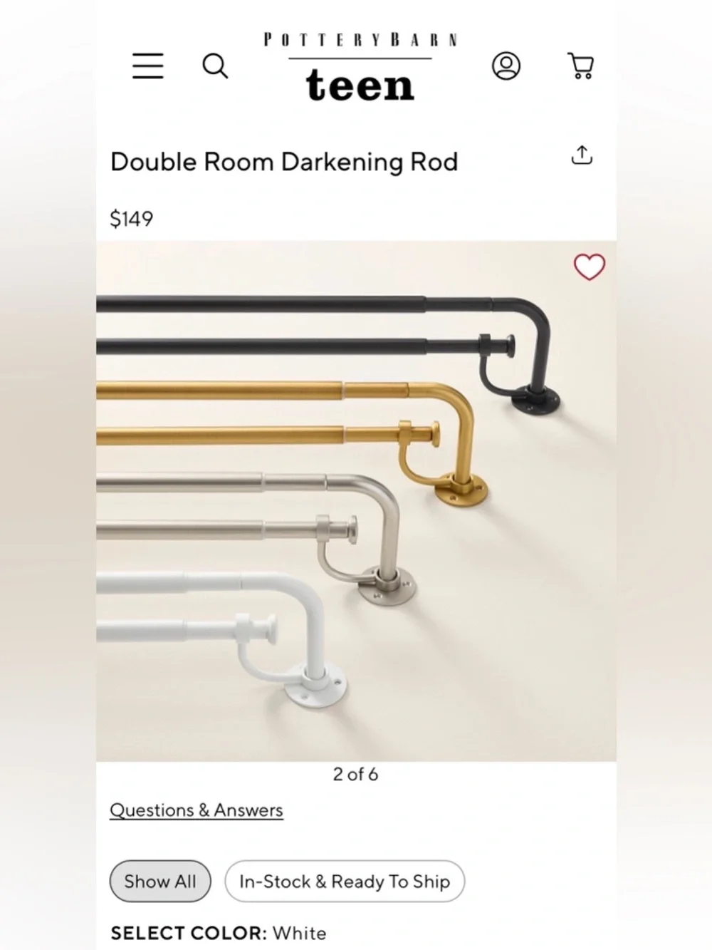 Pottery Barn Teen Double Room Darkening Rod (60” - 108”)